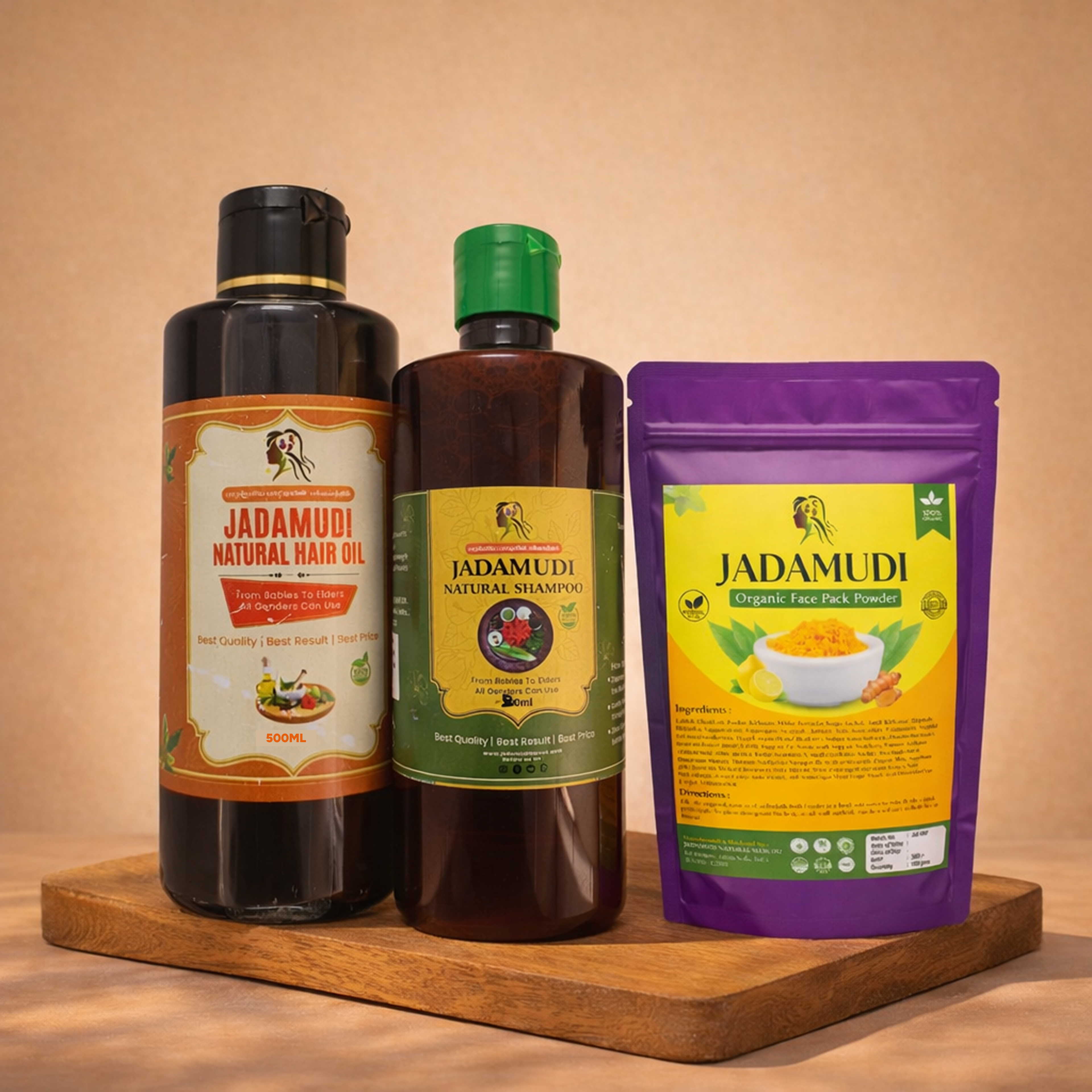 Hair Care Combo: 500 ml Hair Oil + 200ml Shampoo + Free Face Pack